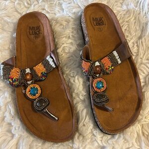 Muk Luks Brown Beaded T-Strap Sandals with Multicolor Accents